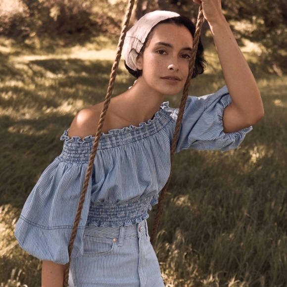 Porridge Top Denim Cropped Striped Off Shoulder - Picture 16 of 16